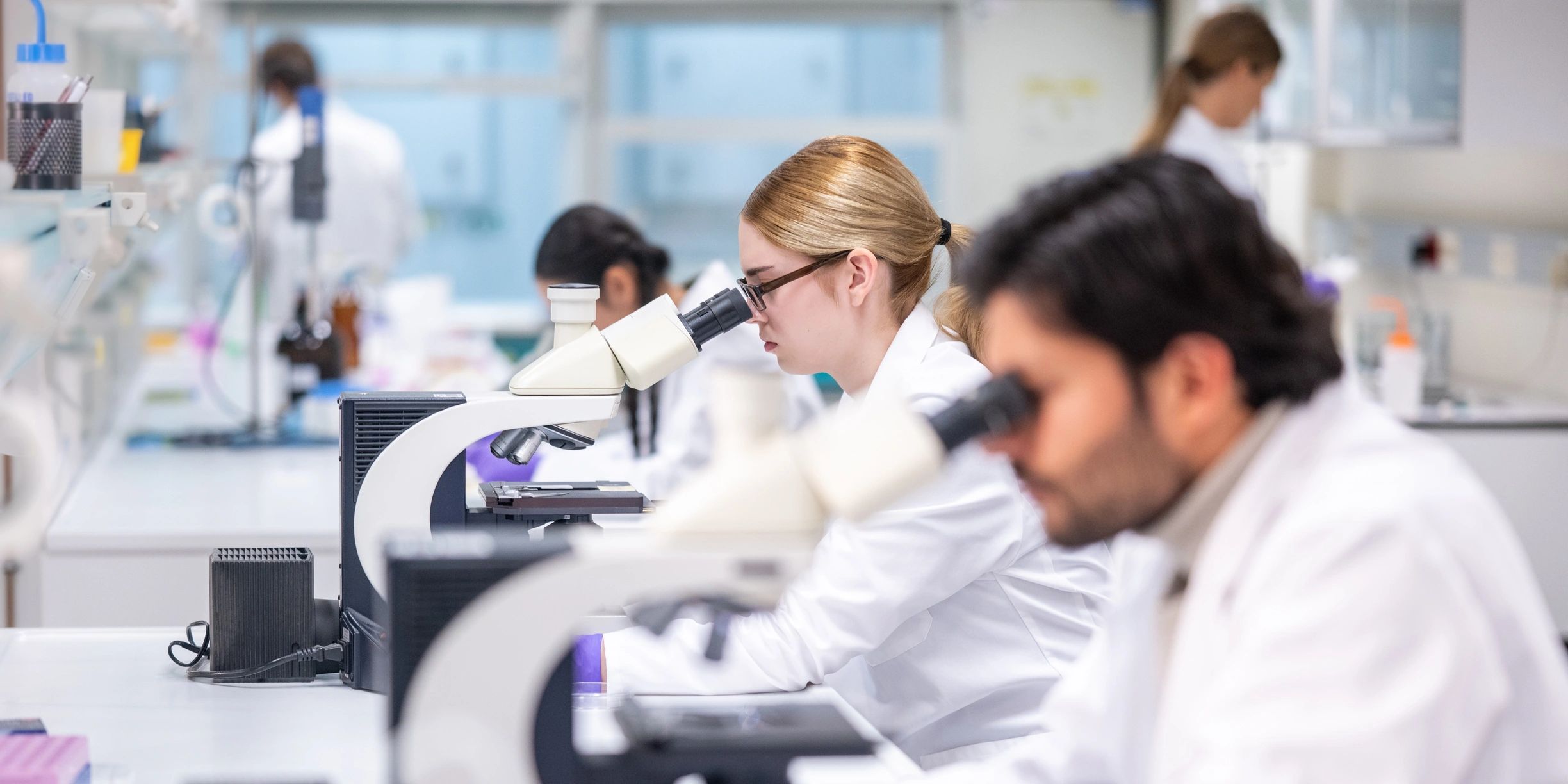Researchers working with advanced technology and analytical tools